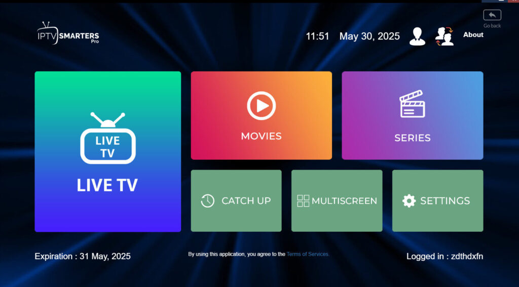 IPTV Smarters Pro interface showing live TV and movie categories