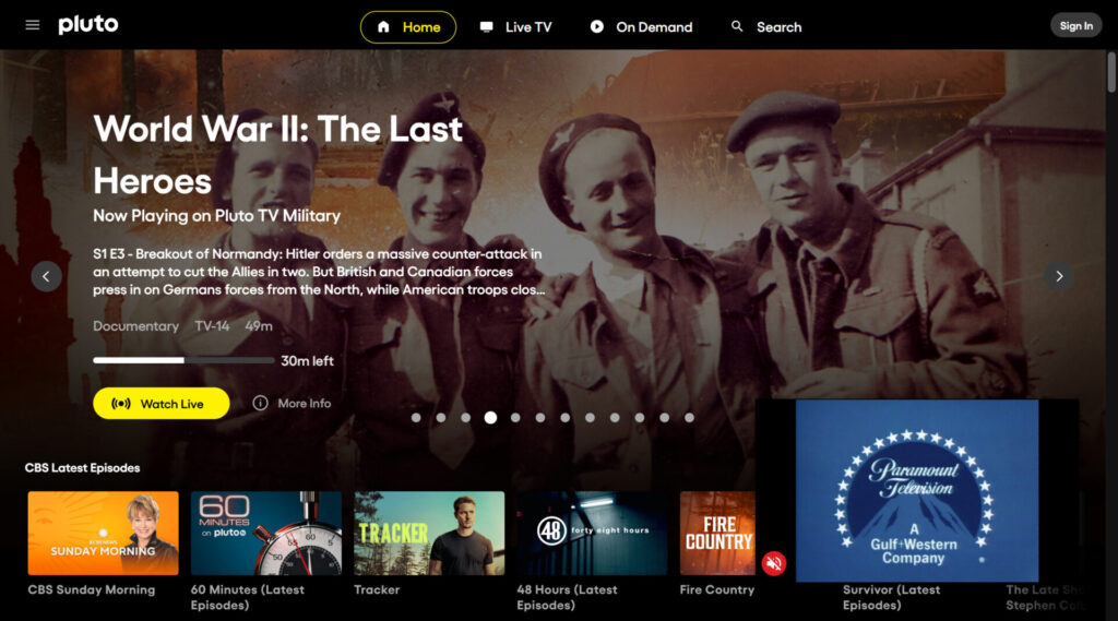 Pluto TV homepage
