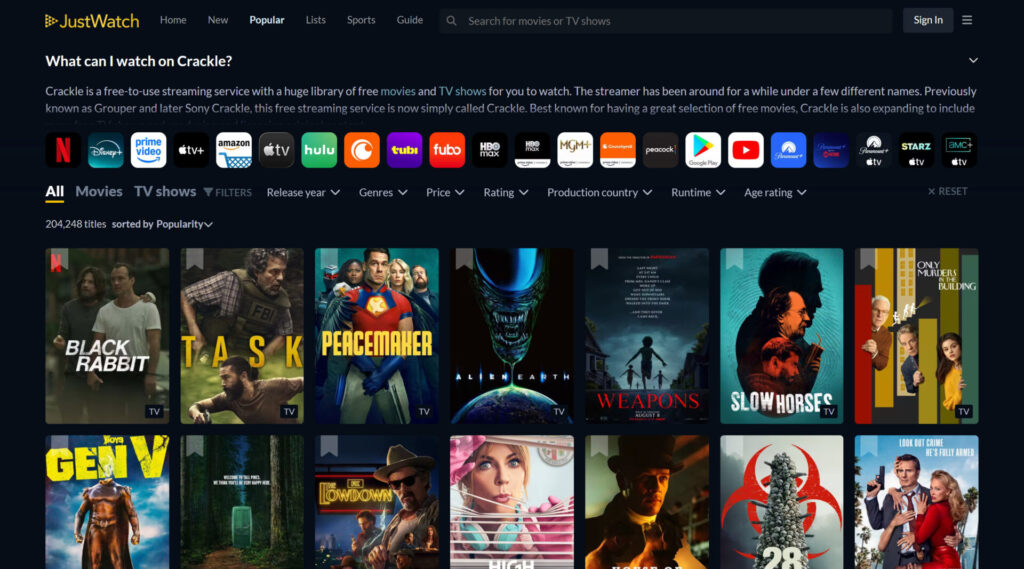 Crackle homepage