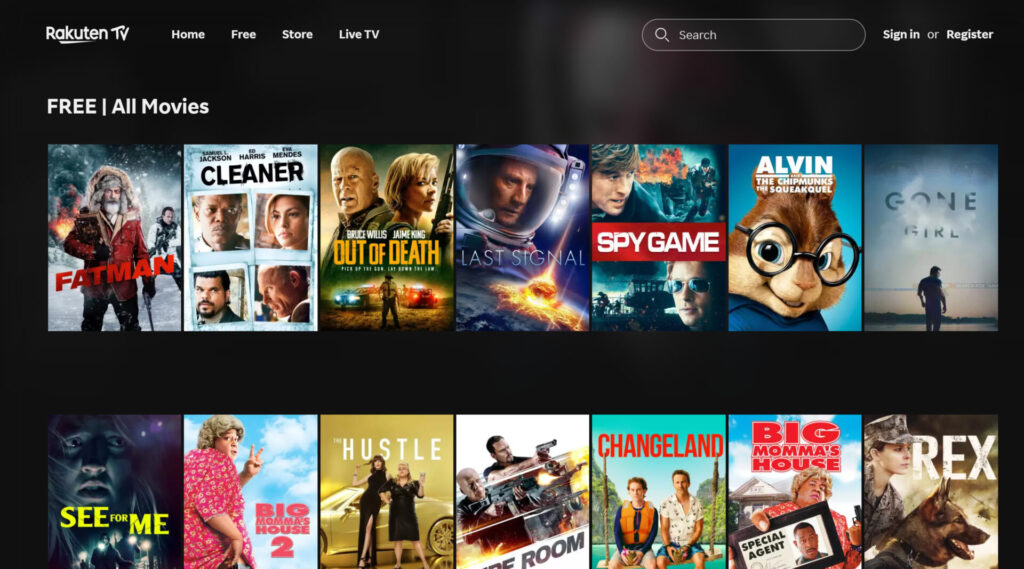 Rakuten TV (Free Mode) homepage