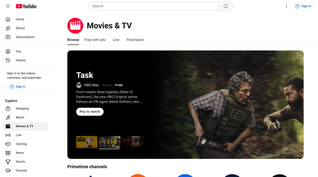YouTube (Free Movies Section) homepage