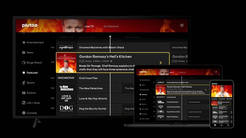 Pluto TV app showing live TV categories and channels