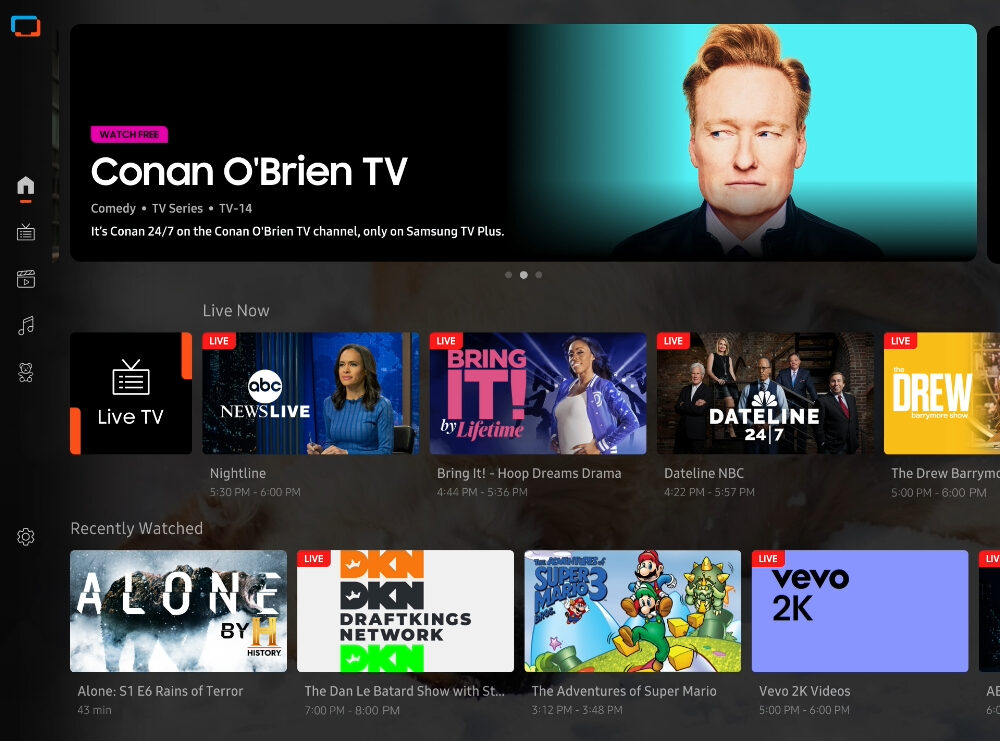 Samsung TV Plus live channels interface on Smart TV
