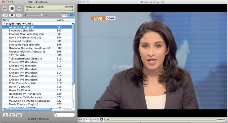 VLC media player running M3U IPTV playlist