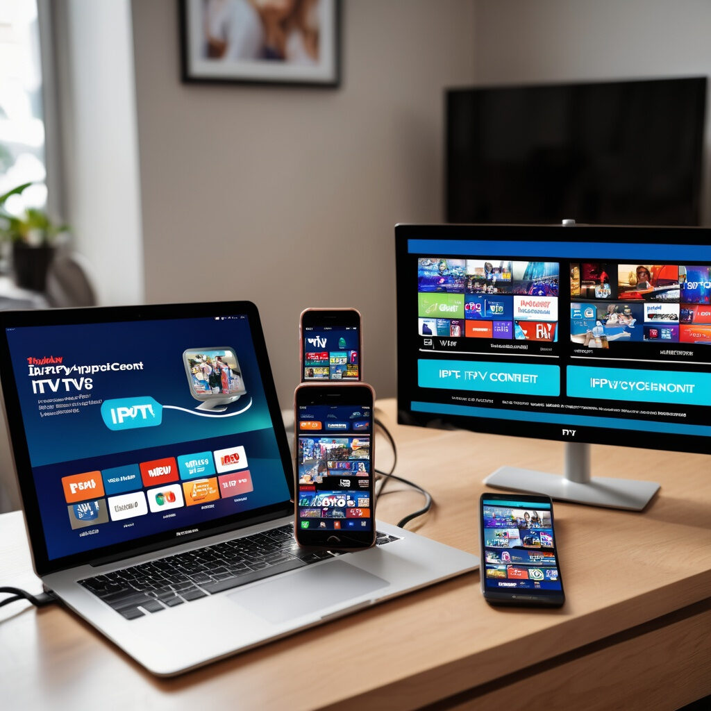 IPTV streaming across multiple devices including smartphone, tablet, and TV