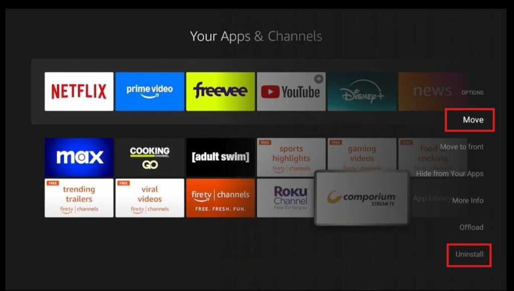 FireStick app menu with the “Move” and “Uninstall” options highlighted