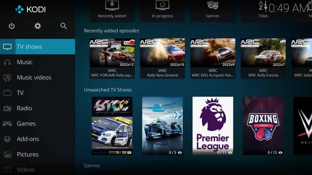 Kodi app with official IPTV add-ons installed