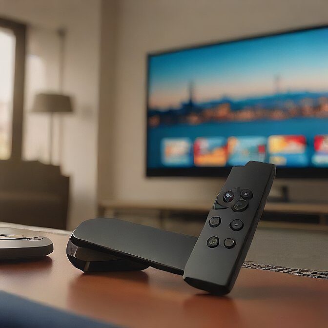 FireStick device next to a TV with a clean home screen