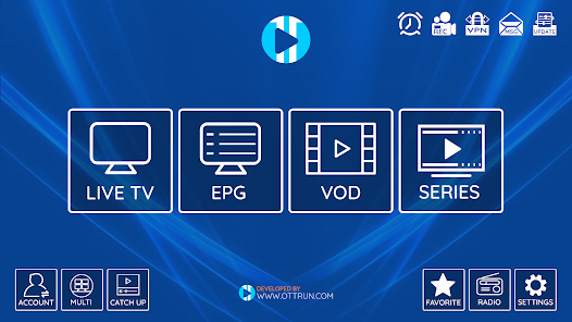 IPTV player home screen (generic legal app UI)