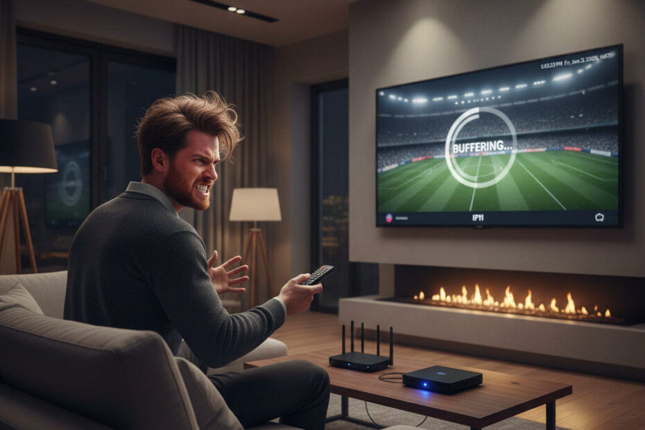 IPTV buffering on smart TV with frustrated user