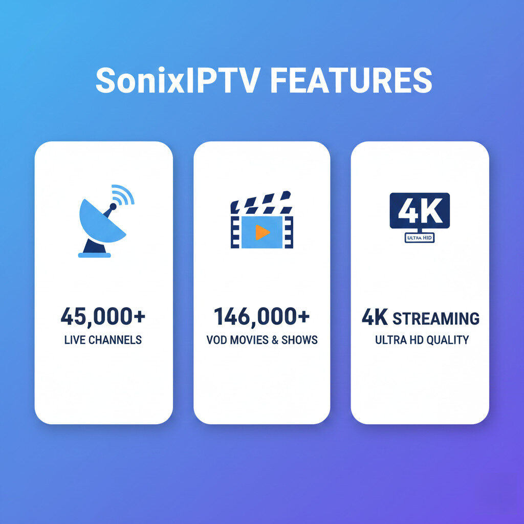SonixIPTV offers 45,000+ channels, 146,000+ VOD, and 4K streaming