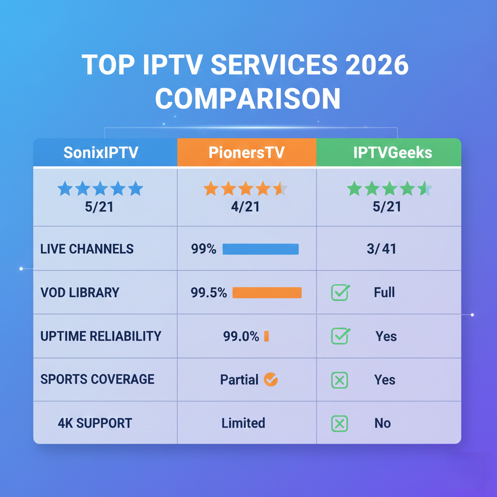 Top IPTV services 2026 comparison chart: SonixIPTV, PioneersTV, IPTVGeeks
