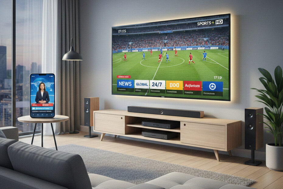 A digital illustration showing a smartphone and a smart TV side by side both playing live IPTV channels in a modern living room